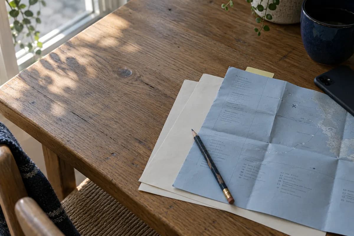 Paper notes, a pencil and a blue itinerary on a kitchen table